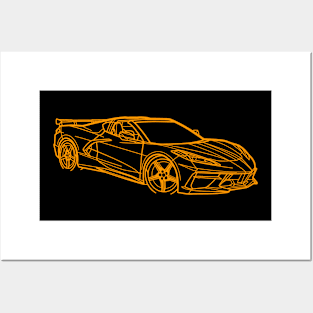 Amplify Orange C8 Corvette Racecar 3/4 View Outline Silhouette Outline Orange Supercar Sports car Racing car Corvette C8 Posters and Art